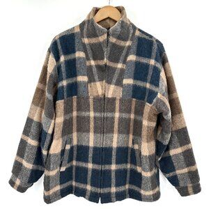 Alpaca Superfine Tan Navy Plaid Full Zip Long Sleeve Relaxed Lined Medium Jacket